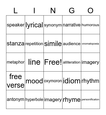 Literary Device Lingo Bingo Card