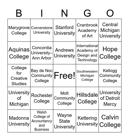 It's Your Choice: College Bingo Card