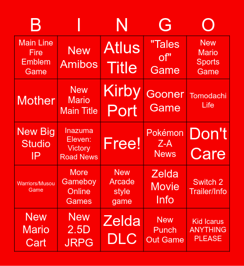 Nintendo Direct Baby Bingo Card