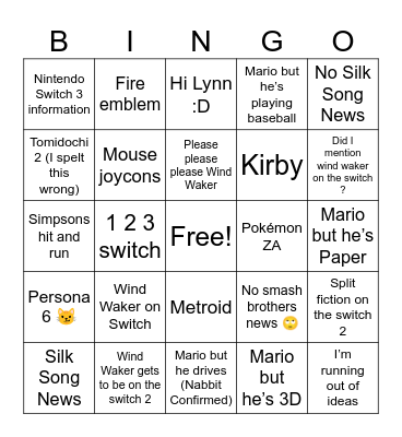 Nintendo Switch 2 Bingo Card