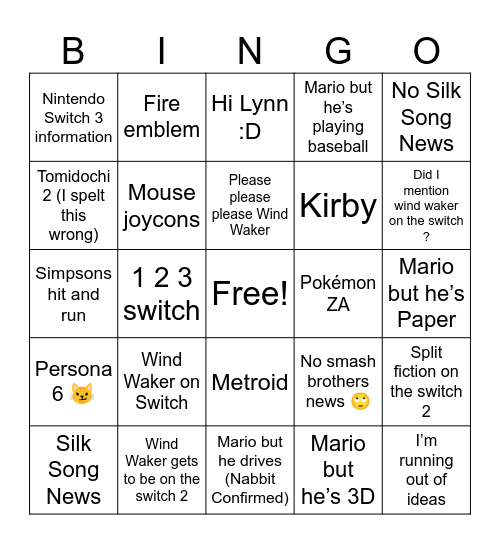Nintendo Switch 2 Bingo Card