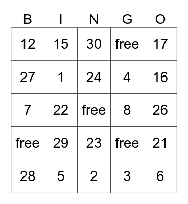 Number Bingo Card