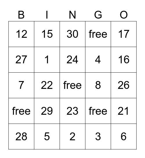 Number Bingo Card