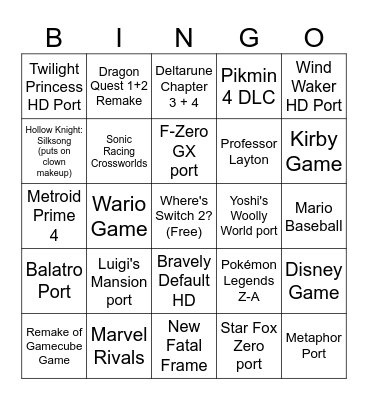 Nintendo Switch March 26, 2025 Bingo Card