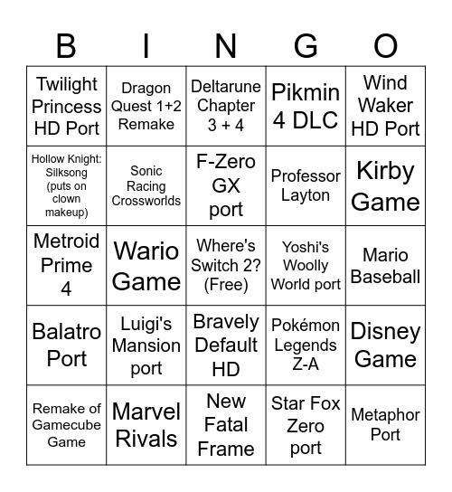 Nintendo Switch March 26, 2025 Bingo Card