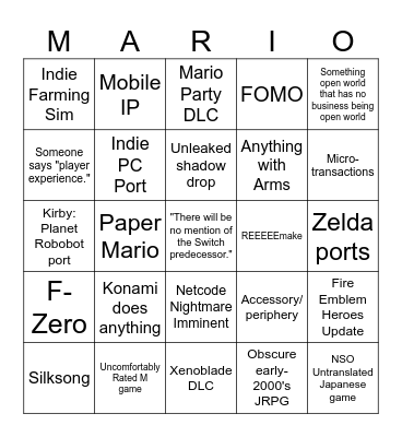 Nintendo Direct Bingo Card