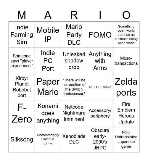Nintendo Direct Bingo Card
