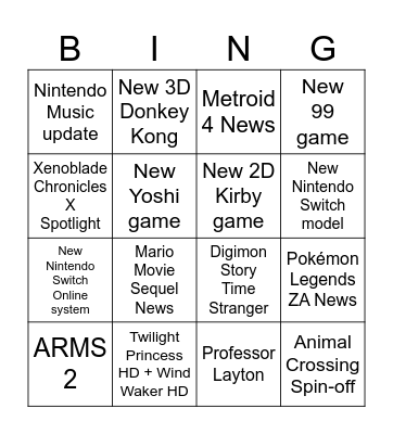 Nintendo Direct 3.27 Bingo Card