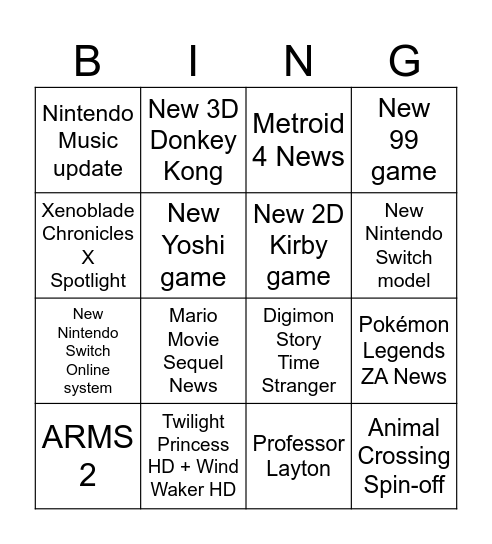 Nintendo Direct 3.27 Bingo Card