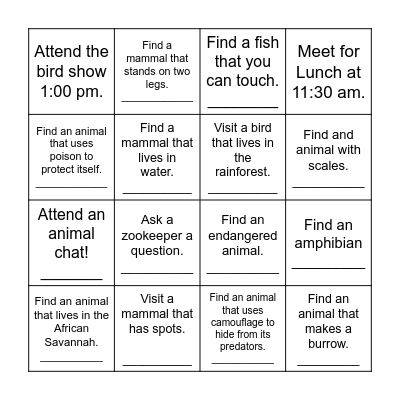 Second Grade Zoo Trip Bingo Card