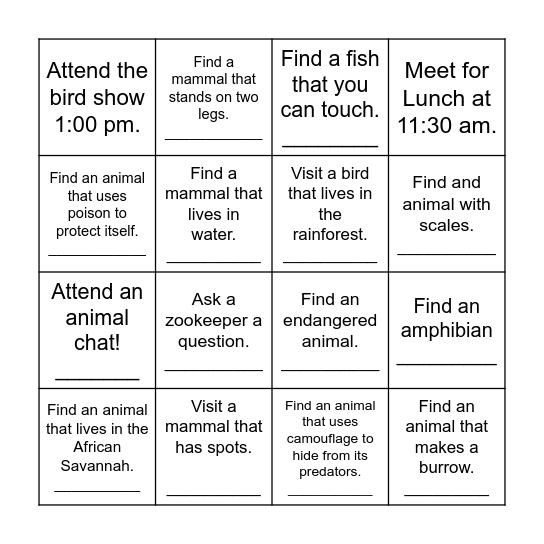 Second Grade Zoo Trip Bingo Card
