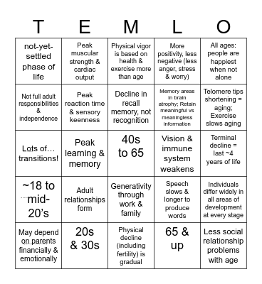 Adult Development BINGO! Bingo Card