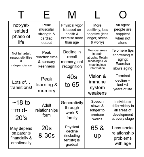 Adult Development BINGO! Bingo Card