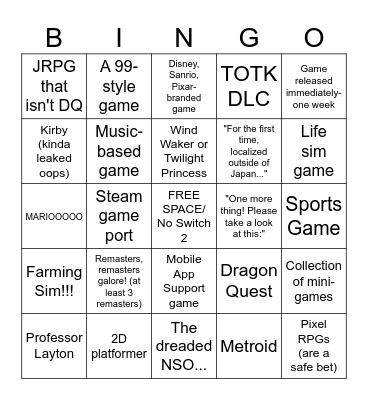 Switch Swan Song Bingo Card