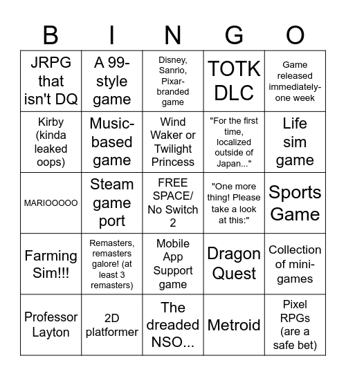 Switch Swan Song Bingo Card