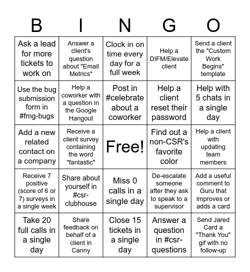 CSR Bingo Card