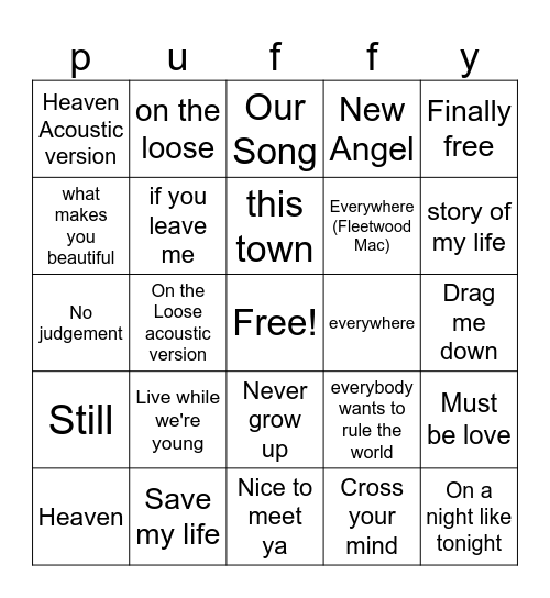 Niall Horan and 1D music Bingo Card