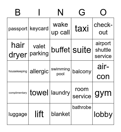 Hotel Vocabulary Bingo Card