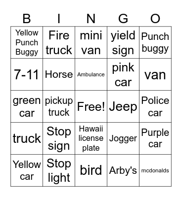 Road Trip Bingo!! Bingo Card