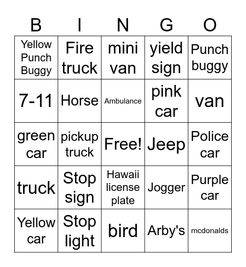 Road Trip Bingo!! Bingo Card