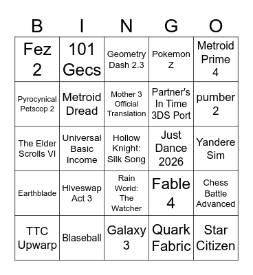 Nintendo Direct 2025 Bingo Card
