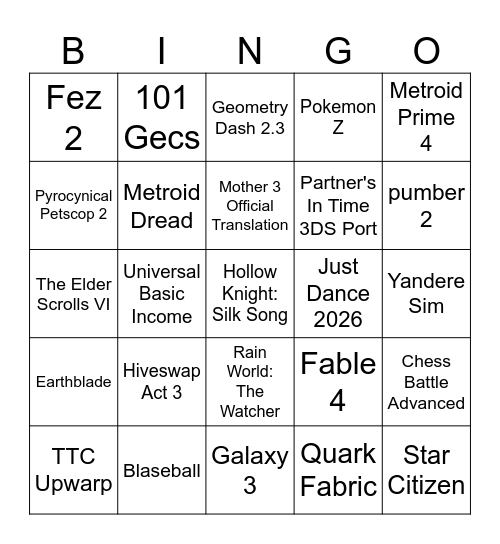 Nintendo Direct 2025 Bingo Card
