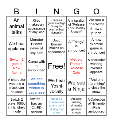 Epilogue Nintendo Direct Bingo Card