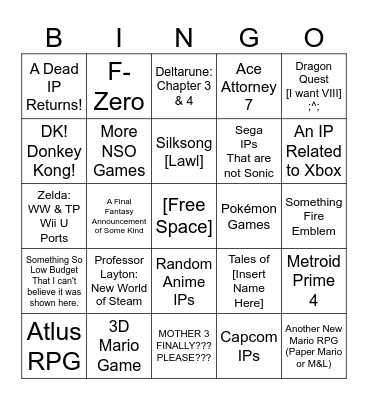Nintendo Direct 3.27.2025 Bingo Card