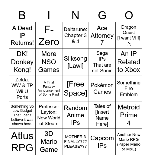 Nintendo Direct 3.27.2025 Bingo Card