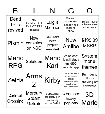 Switch 2 Direct Bingo Card