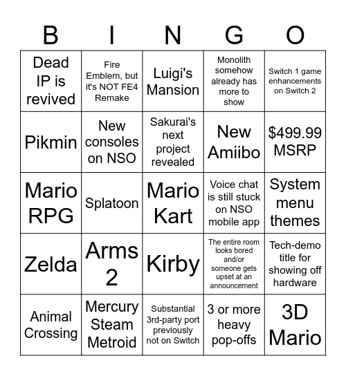 Switch 2 Direct Bingo Card