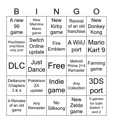 Nintendo Direct Bingo Card