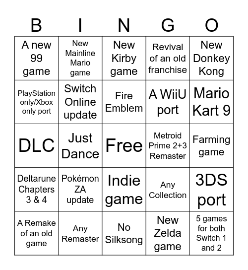 Nintendo Direct Bingo Card