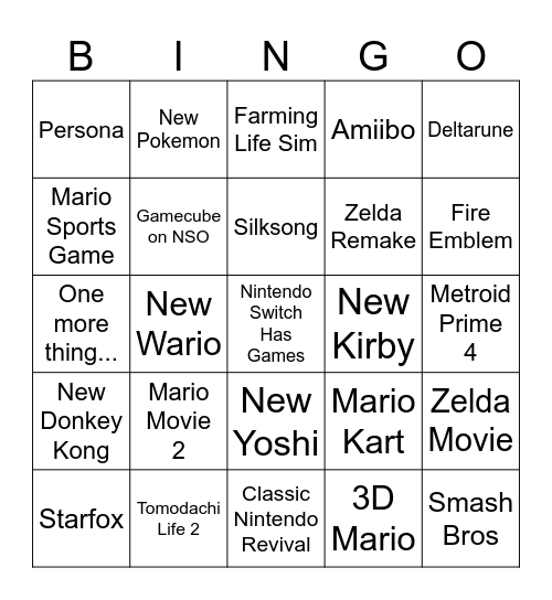Nintendo Direct Bingo Card