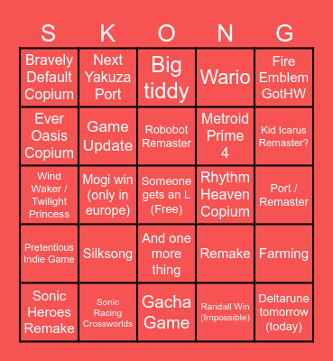 Switch 1 Bingo Card