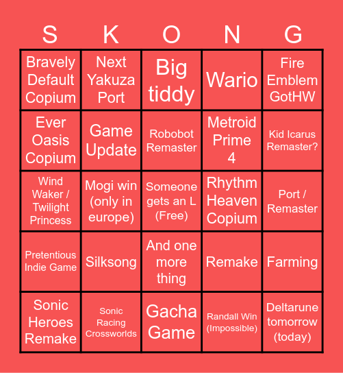 Switch 1 Bingo Card