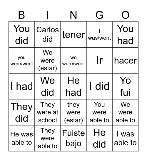 Preterito irregular Bingo Card