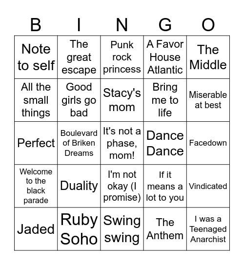 Name that Emo Tune, Punk Bingo Card