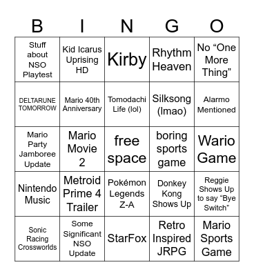 3.27.2025 Nintendo Direct Bingo Card