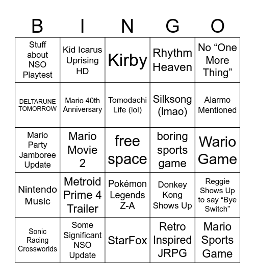 3.27.2025 Nintendo Direct Bingo Card