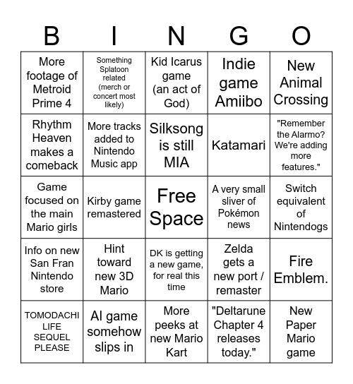 Nintendo Direct 3/27/25 Bingo Card