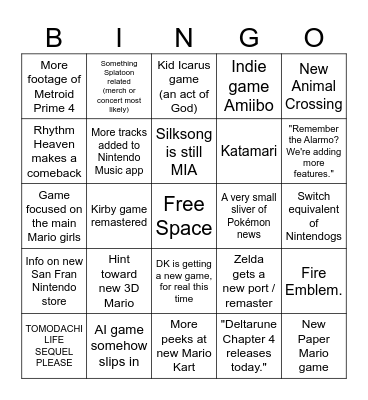 Nintendo Direct 3/27/25 Bingo Card
