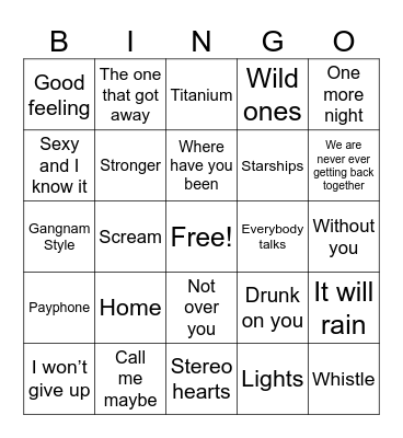 Top 2012 Billboard Songs Bingo Card