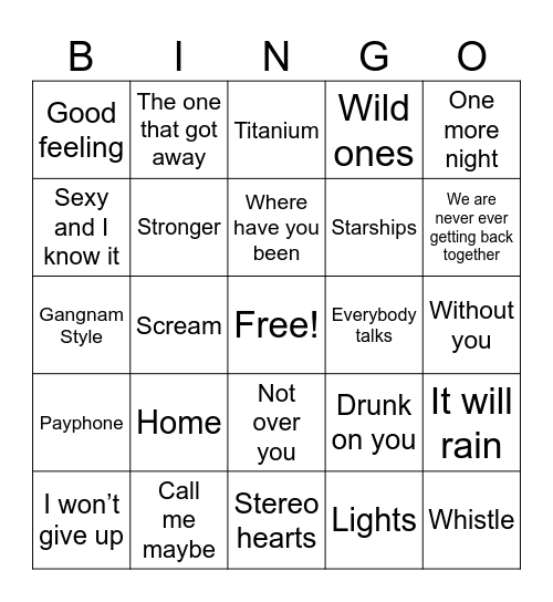 Top 2012 Billboard Songs Bingo Card