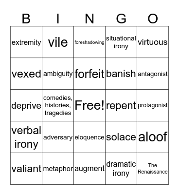 ENGLISH I VOCABULARY Bingo Card