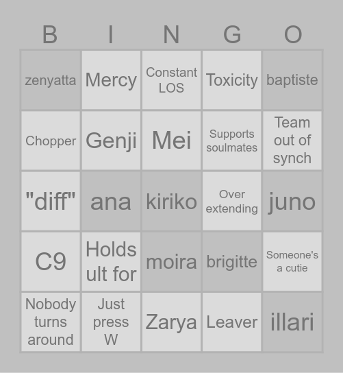 Overwatch Silver Bingo Card
