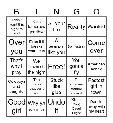 Top 2012 Country Songs Bingo Card