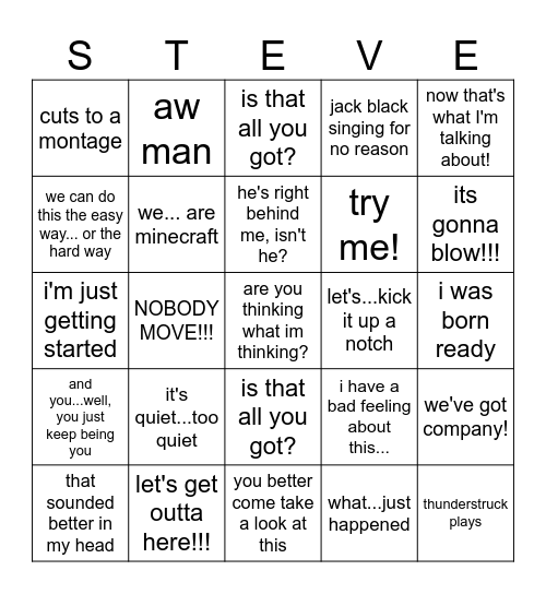 Minecraft Movie Bingo Card