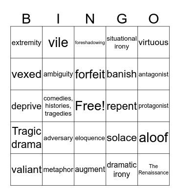 ENGLISH I VOCABULARY Bingo Card