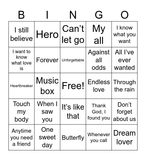 Mariah Carey Bingo Card